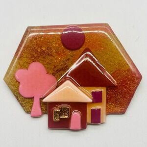 House Pins by Lucinda Cottage Landscape Resin Brooch Pink Red Sunset 2.5" x 2"